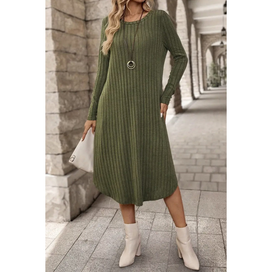 Ribbed Curved Hem Round Neck Long Sleeve Dress Moss / S Apparel and Accessories