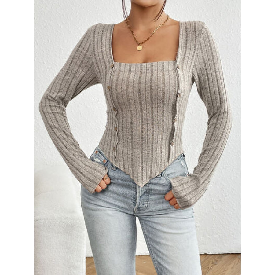 Ribbed Decorative Button Long Sleeve T-Shirt Apparel and Accessories