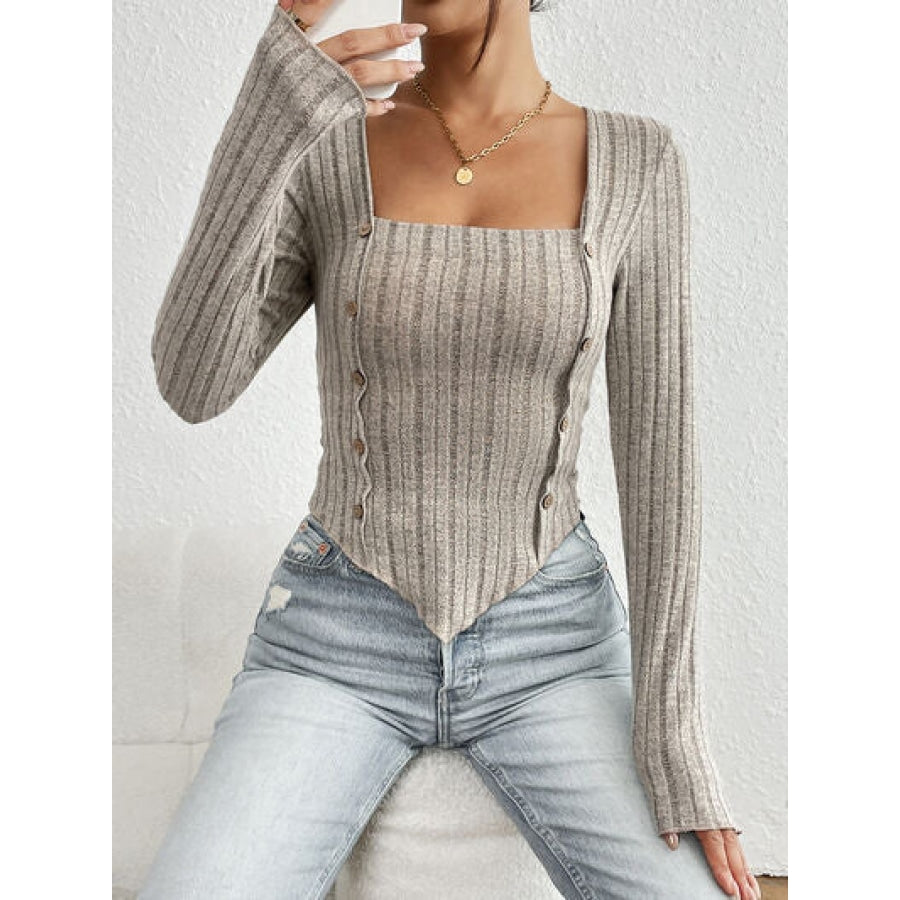 Ribbed Decorative Button Long Sleeve T-Shirt Apparel and Accessories