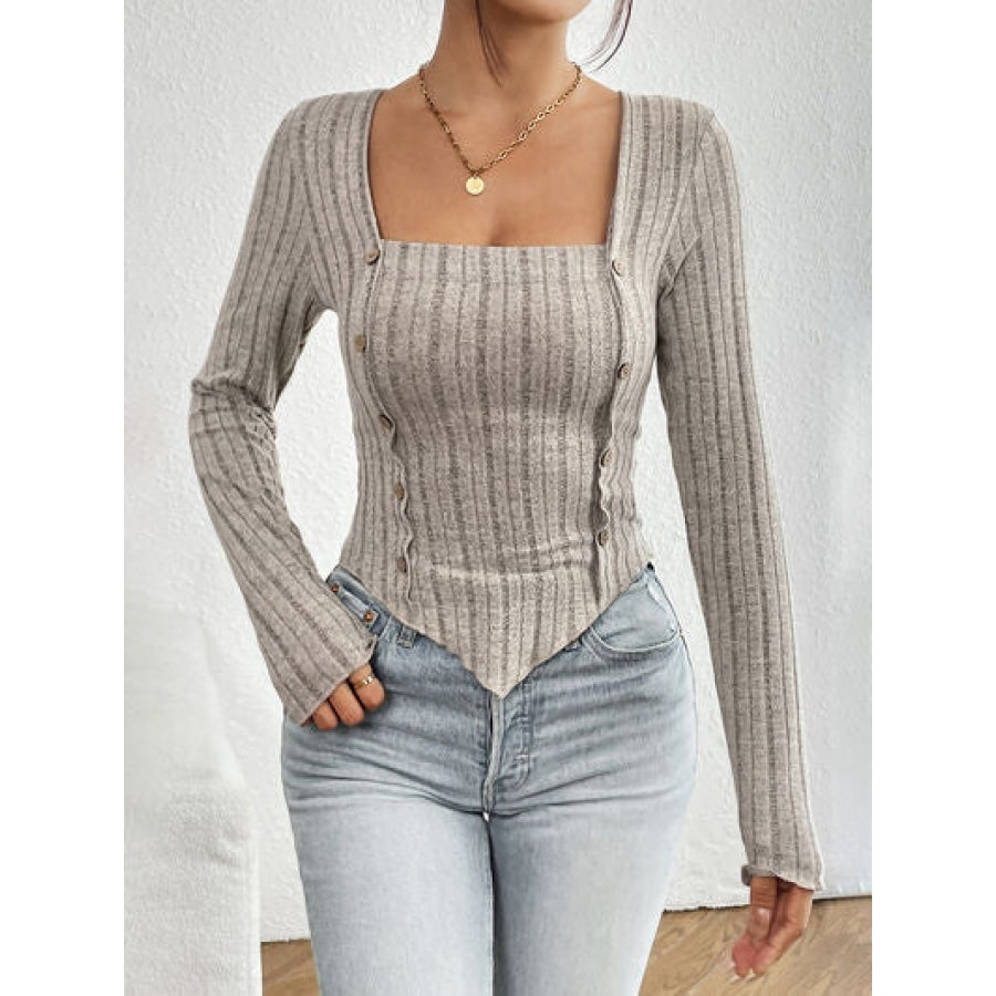 Ribbed Decorative Button Long Sleeve T-Shirt Mocha / S Apparel and Accessories