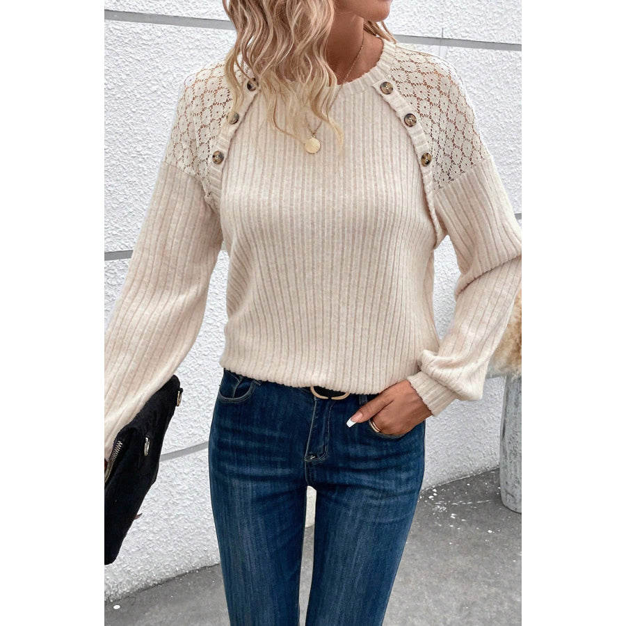 Ribbed Decorative Button Round Neck T-Shirt Apparel and Accessories