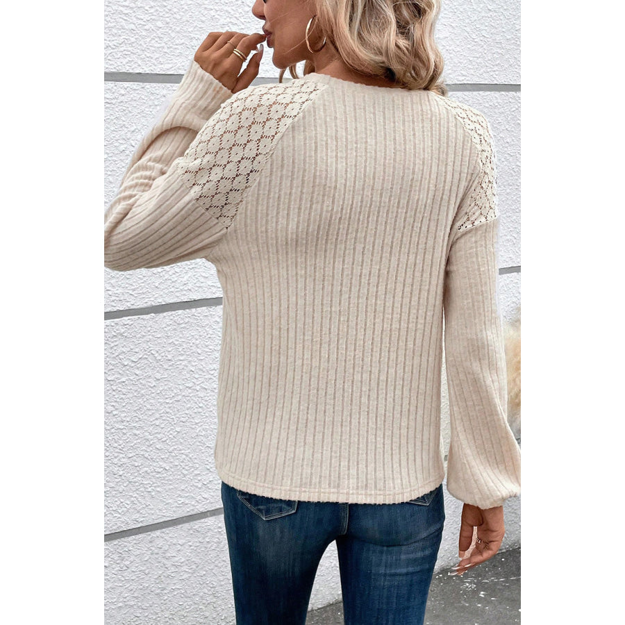 Ribbed Decorative Button Round Neck T-Shirt Beige / S Apparel and Accessories