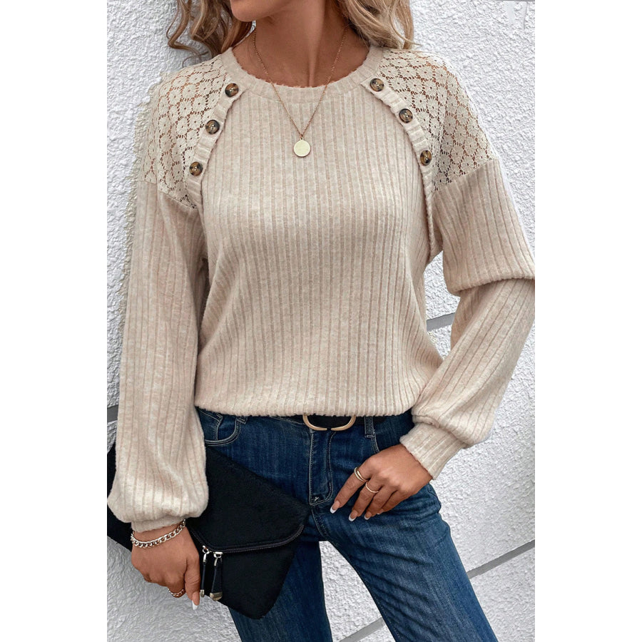Ribbed Decorative Button Round Neck T-Shirt Apparel and Accessories