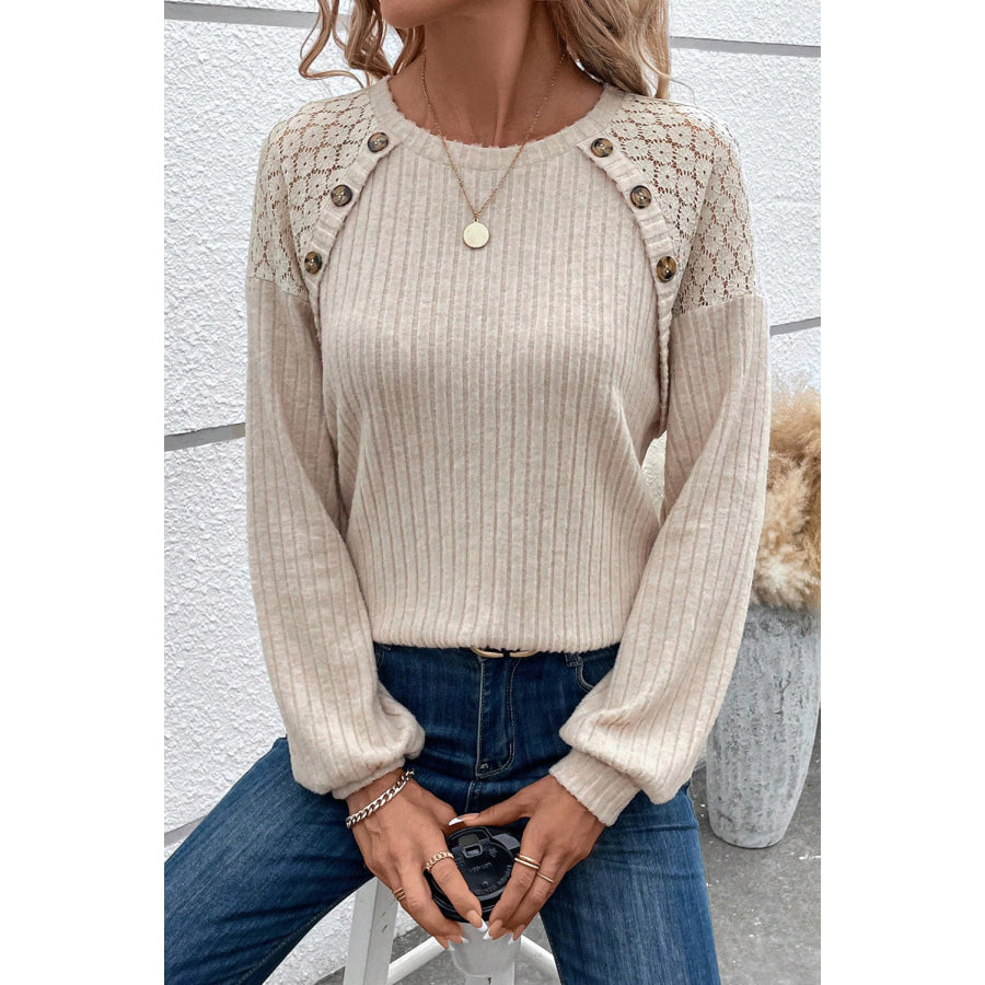 Ribbed Decorative Button Round Neck T-Shirt Beige / S Apparel and Accessories