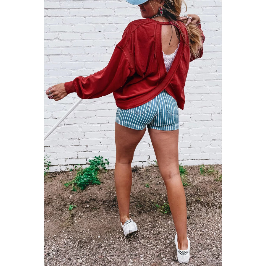 Ribbed Detail Drop Shoulder Cutout Back Sweatshirt Apparel and Accessories