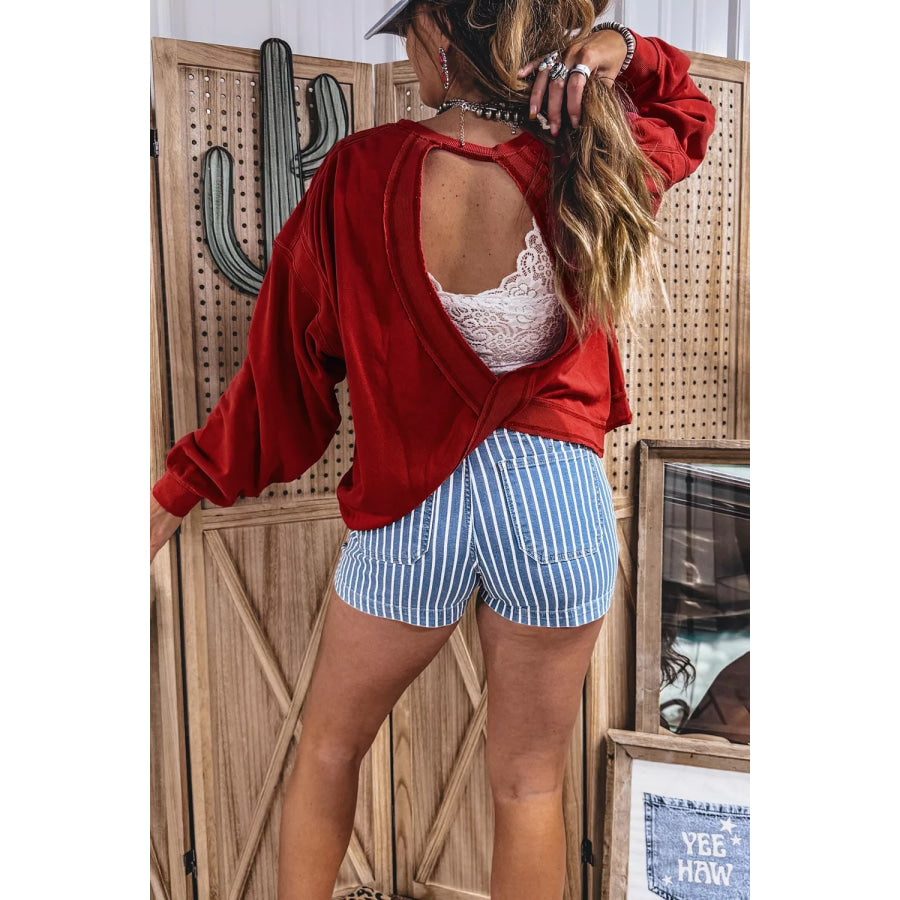 Ribbed Detail Drop Shoulder Cutout Back Sweatshirt Apparel and Accessories