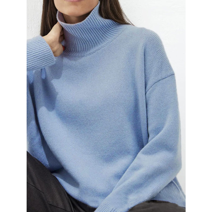 Ribbed Detail Turtleneck Dropped Shoulder Sweater Apparel and Accessories