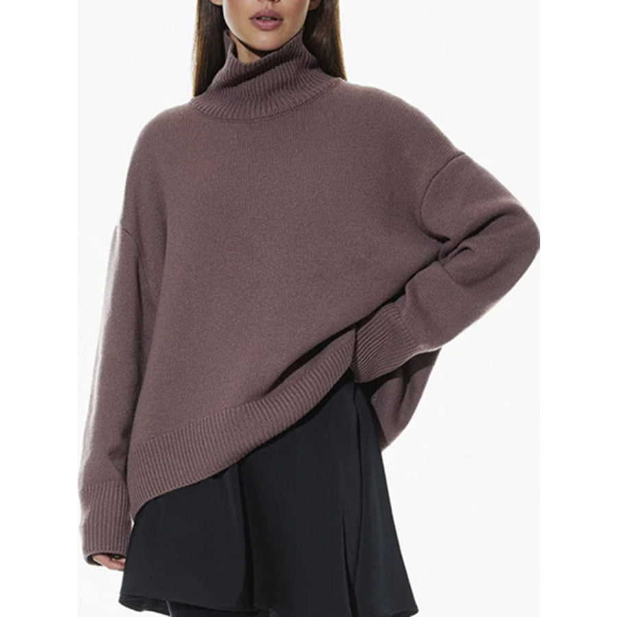 Ribbed Detail Turtleneck Dropped Shoulder Sweater Apparel and Accessories