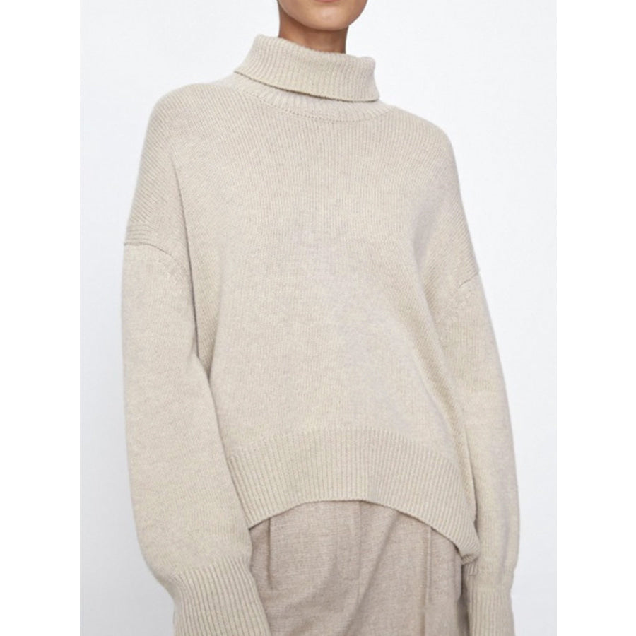 Ribbed Detail Turtleneck Dropped Shoulder Sweater Apparel and Accessories