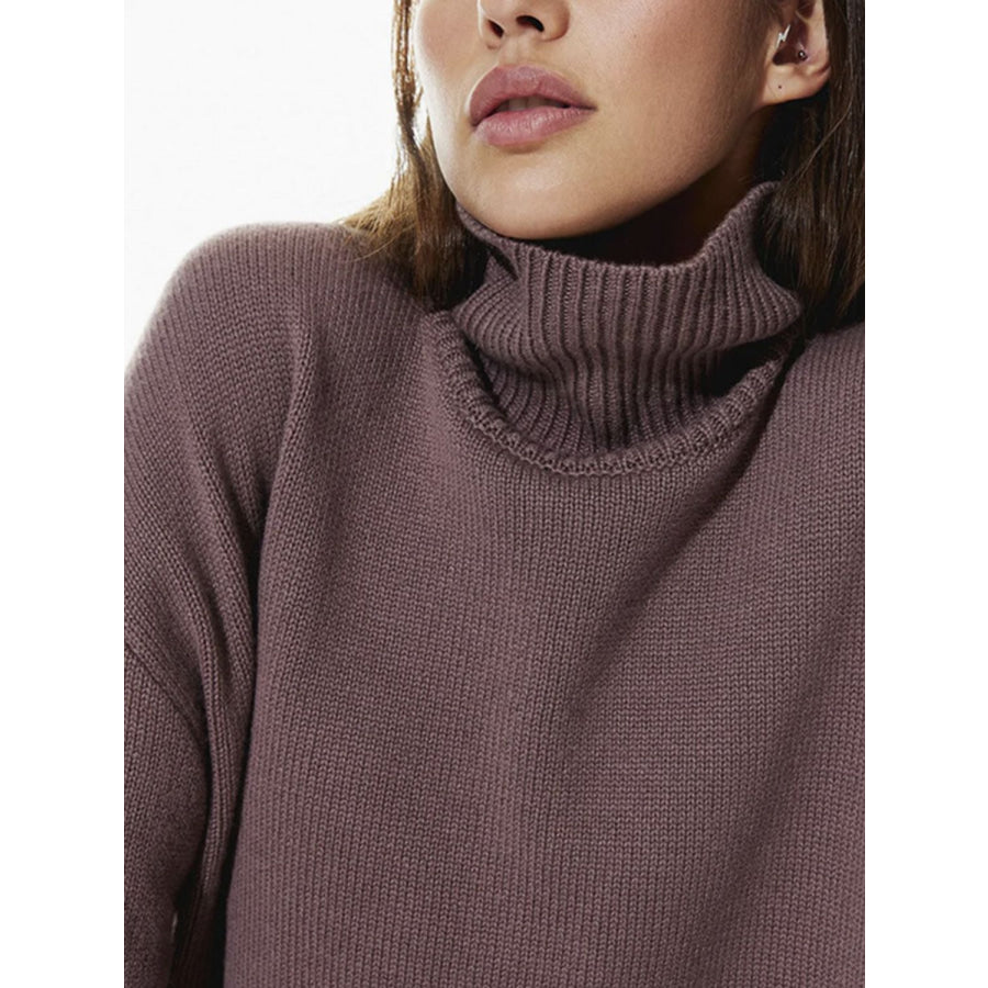 Ribbed Detail Turtleneck Dropped Shoulder Sweater Apparel and Accessories