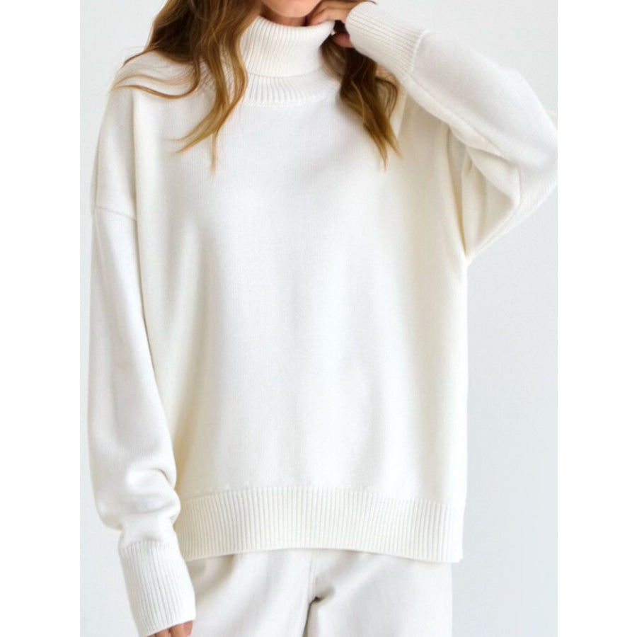 Ribbed Detail Turtleneck Dropped Shoulder Sweater Apparel and Accessories