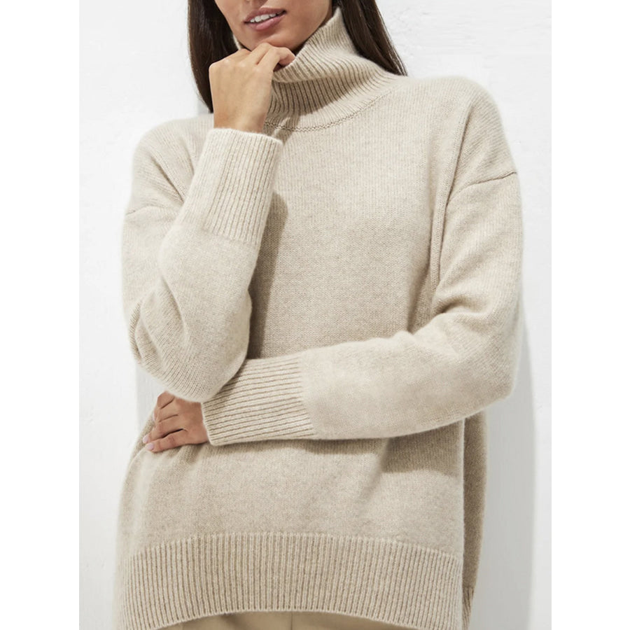 Ribbed Detail Turtleneck Dropped Shoulder Sweater Apparel and Accessories