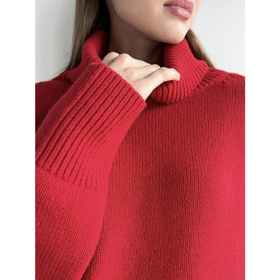 Ribbed Detail Turtleneck Dropped Shoulder Sweater Apparel and Accessories