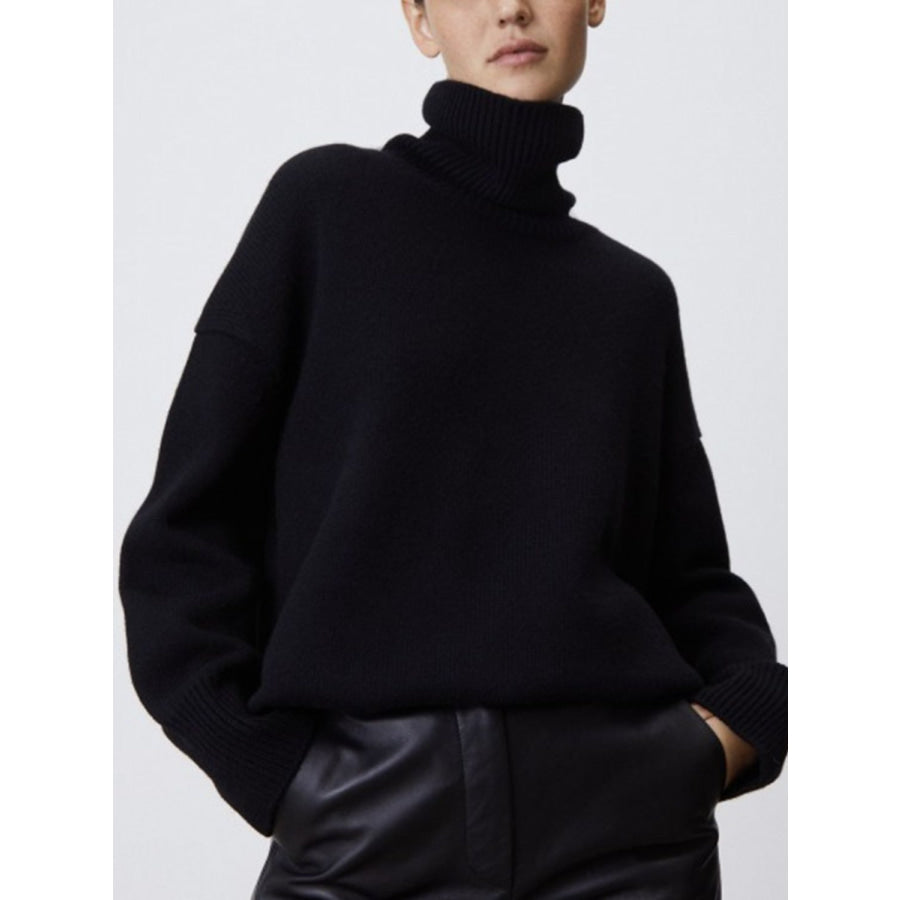 Ribbed Detail Turtleneck Dropped Shoulder Sweater Apparel and Accessories