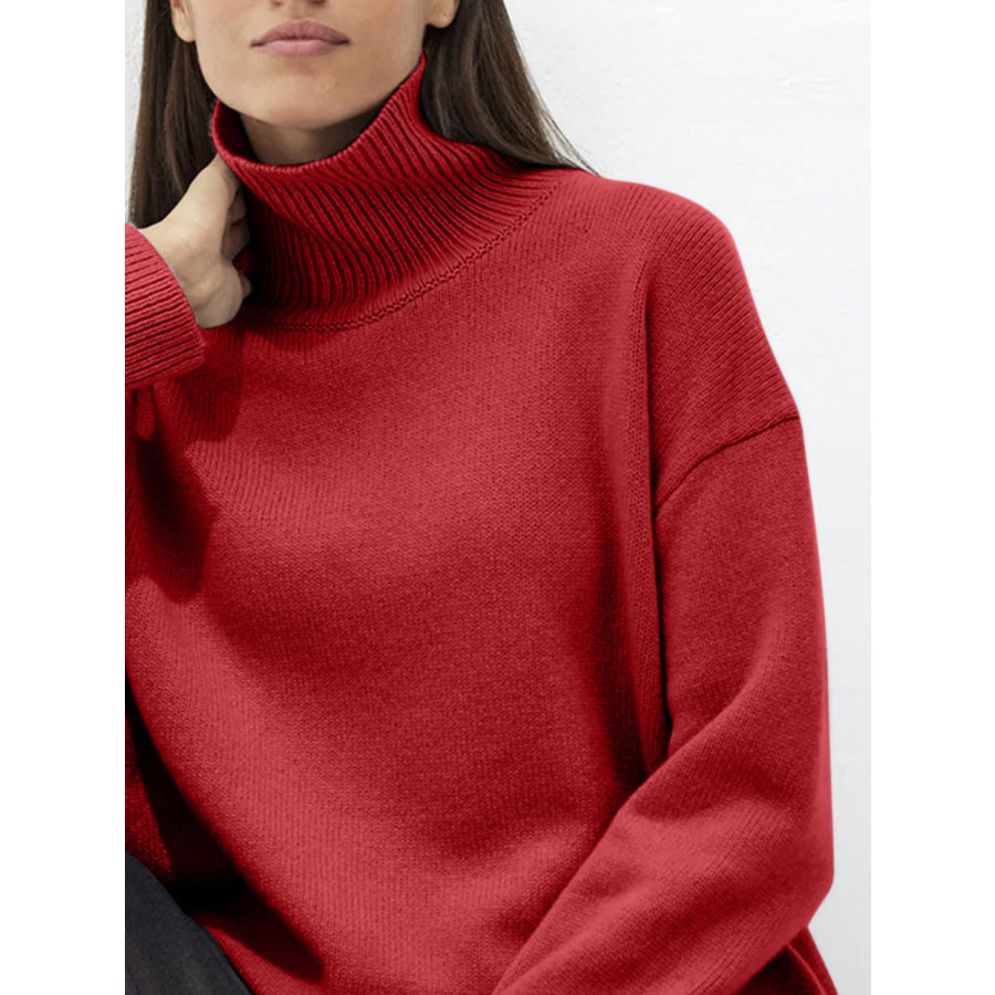 Ribbed Detail Turtleneck Dropped Shoulder Sweater Apparel and Accessories