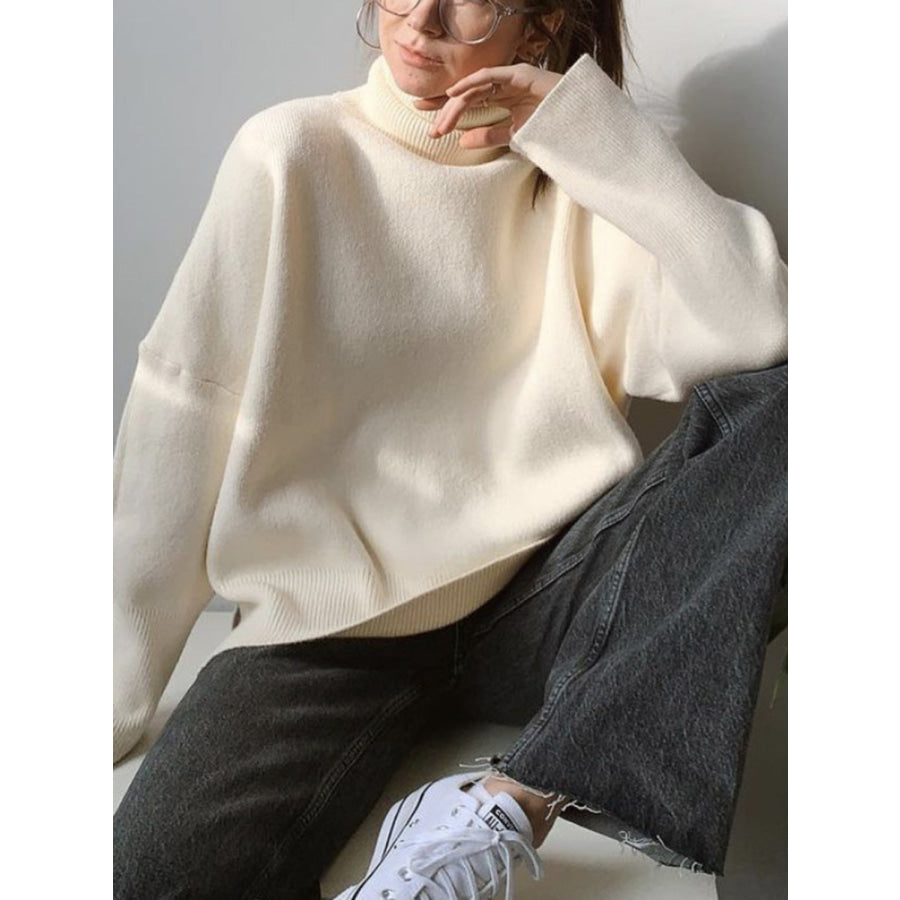 Ribbed Detail Turtleneck Dropped Shoulder Sweater Apparel and Accessories