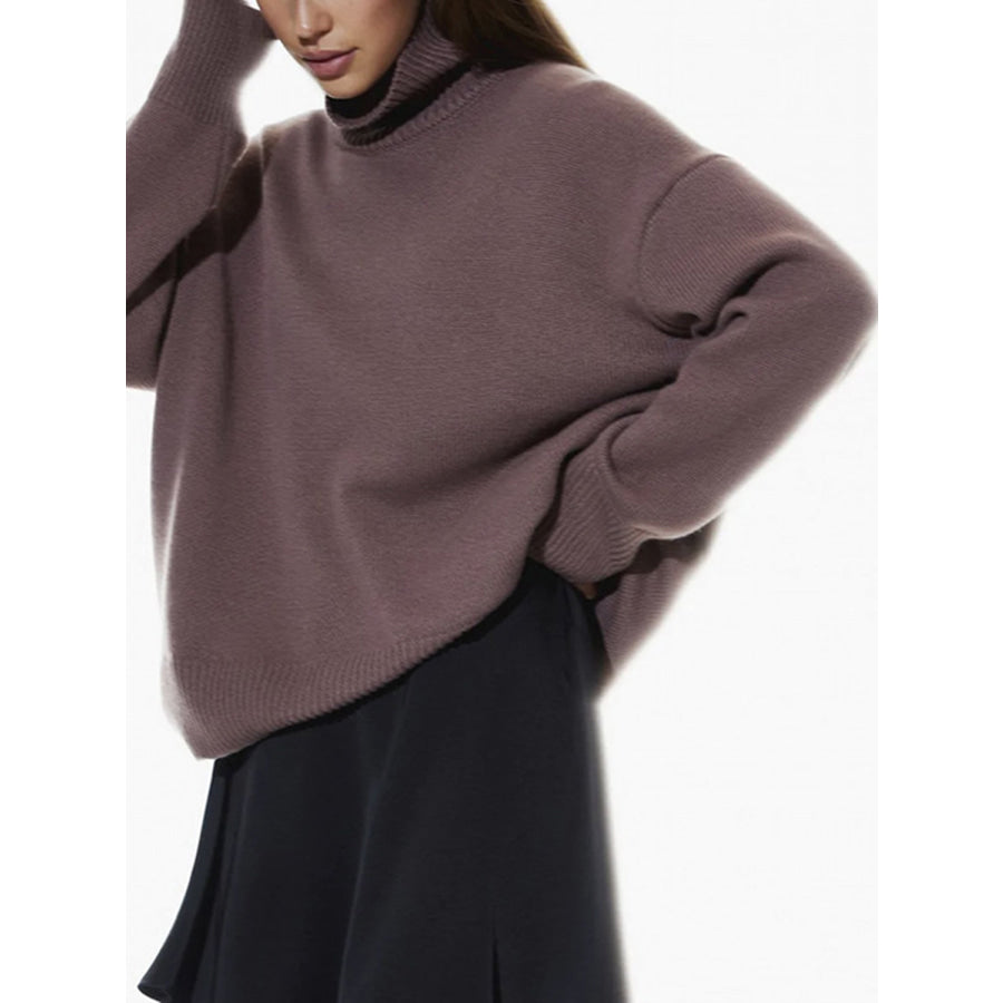 Ribbed Detail Turtleneck Dropped Shoulder Sweater Apparel and Accessories