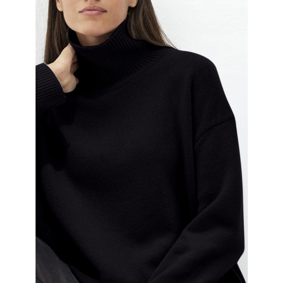 Ribbed Detail Turtleneck Dropped Shoulder Sweater Apparel and Accessories