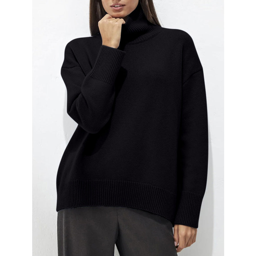 Ribbed Detail Turtleneck Dropped Shoulder Sweater Black / One Size Apparel and Accessories