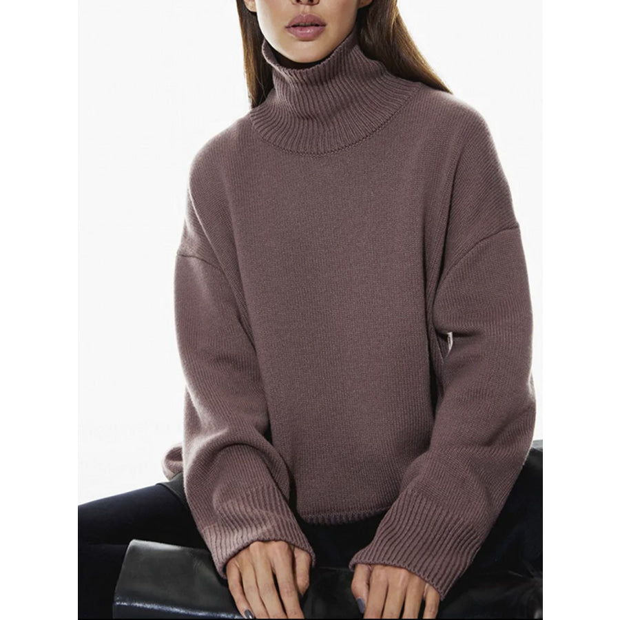 Ribbed Detail Turtleneck Dropped Shoulder Sweater Coffee Brown / One Size Apparel and Accessories