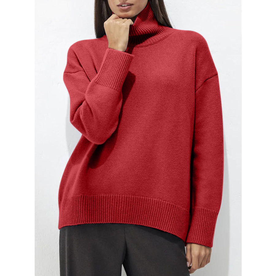 Ribbed Detail Turtleneck Dropped Shoulder Sweater Deep Red / One Size Apparel and Accessories