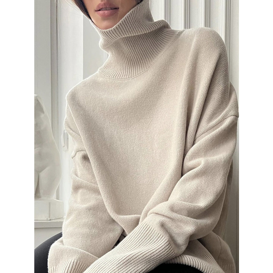 Ribbed Detail Turtleneck Dropped Shoulder Sweater Dust Storm / One Size Apparel and Accessories