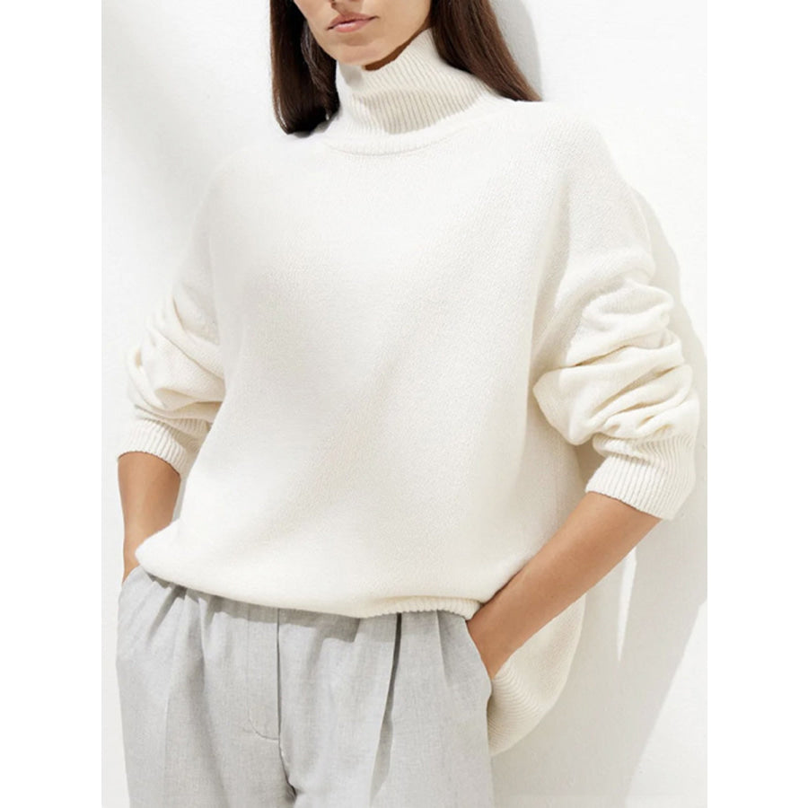 Ribbed Detail Turtleneck Dropped Shoulder Sweater Ivory / One Size Apparel and Accessories