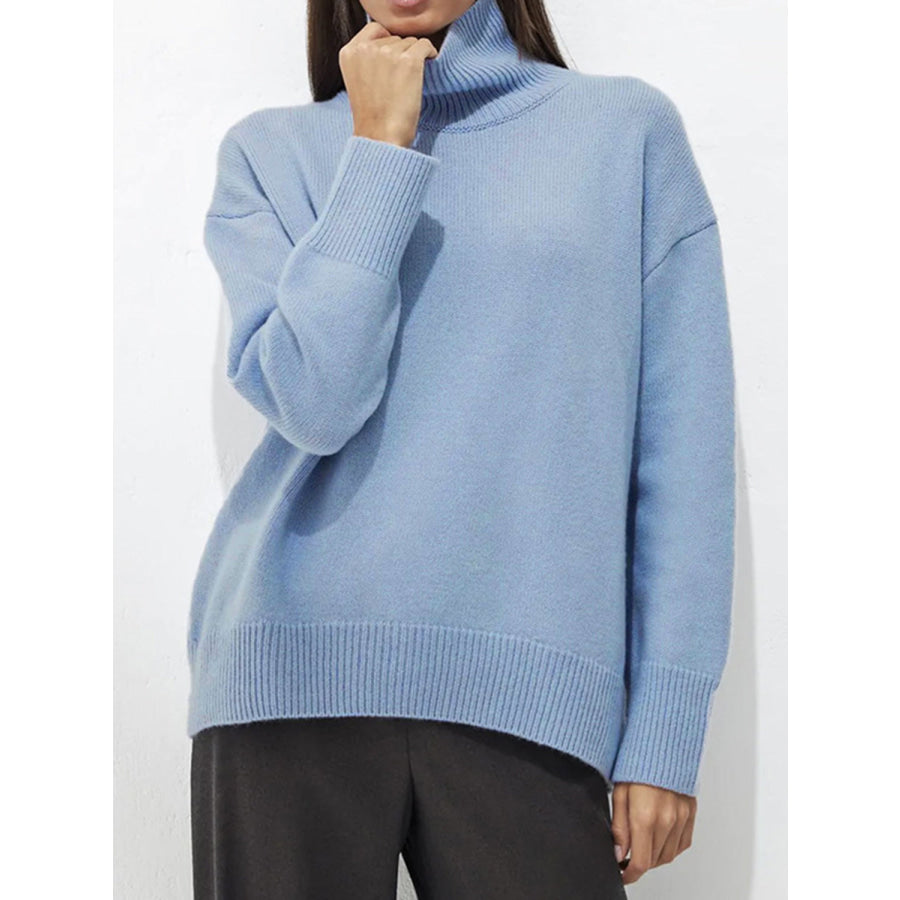 Ribbed Detail Turtleneck Dropped Shoulder Sweater Light Blue / One Size Apparel and Accessories