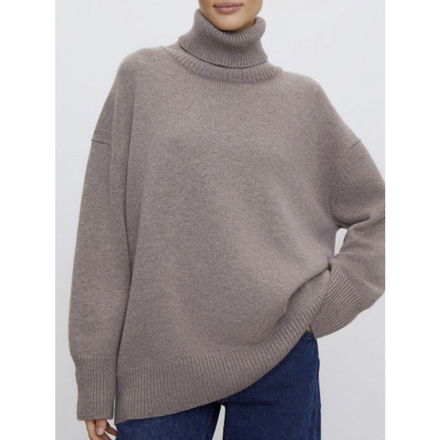 Ribbed Detail Turtleneck Dropped Shoulder Sweater Mocha / One Size Apparel and Accessories