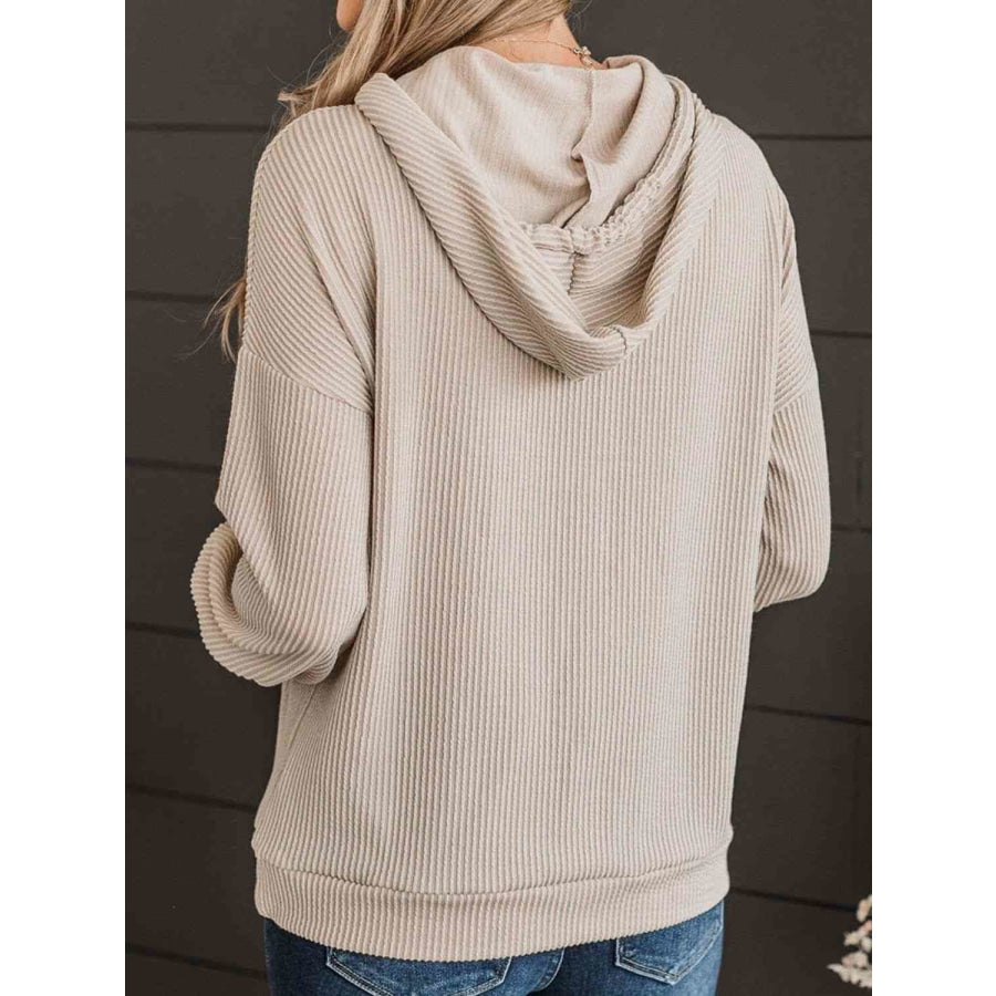 Ribbed Drawstring Dropped Shoulder Hoodie