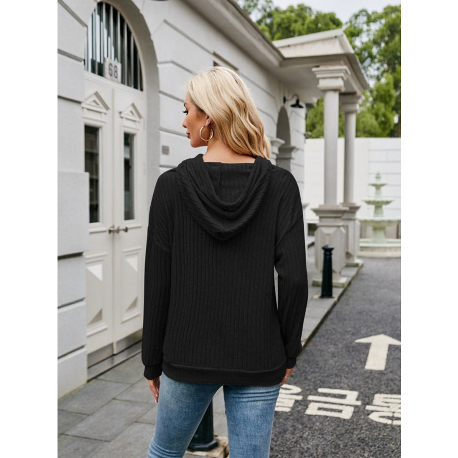 Ribbed Drawstring Long Sleeve Hoodie Apparel and Accessories