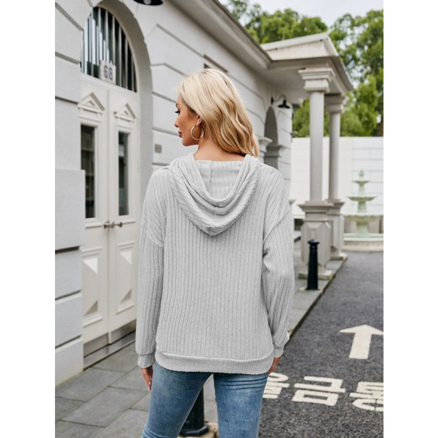 Ribbed Drawstring Long Sleeve Hoodie Apparel and Accessories