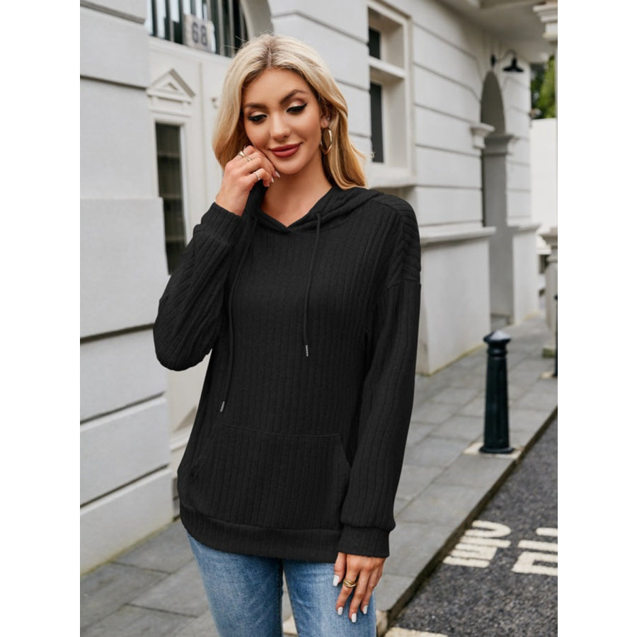 Ribbed Drawstring Long Sleeve Hoodie Black / S Apparel and Accessories