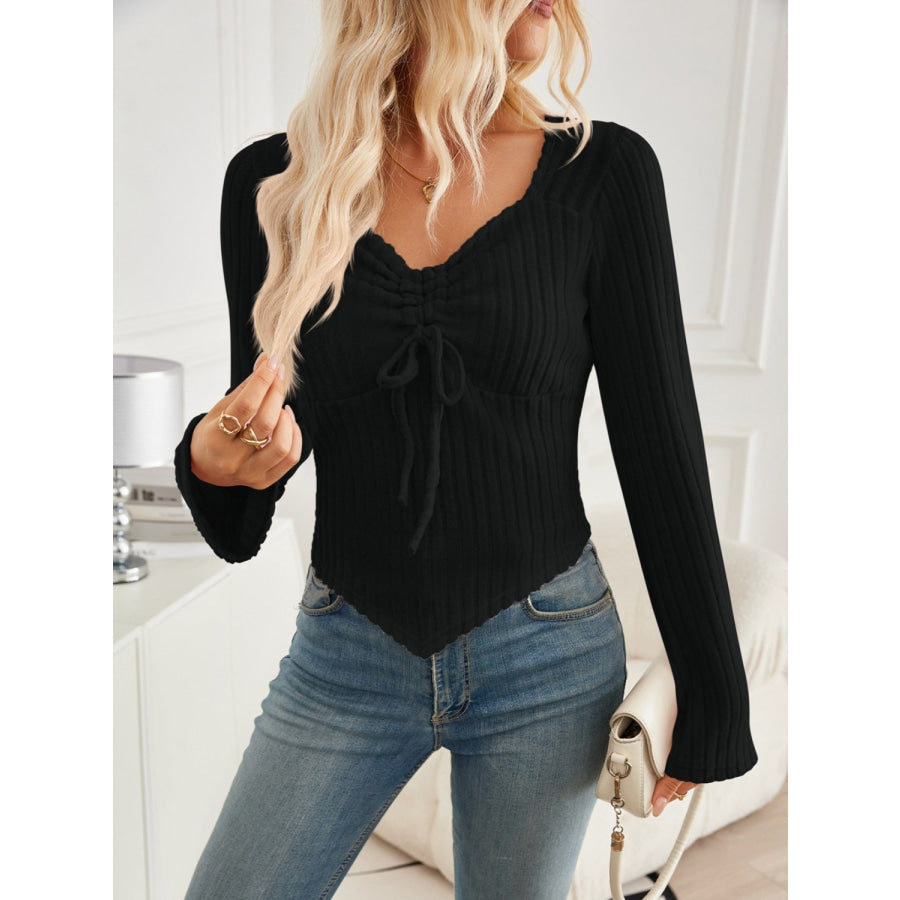 Ribbed Drawstring Long Sleeve T-Shirt Apparel and Accessories