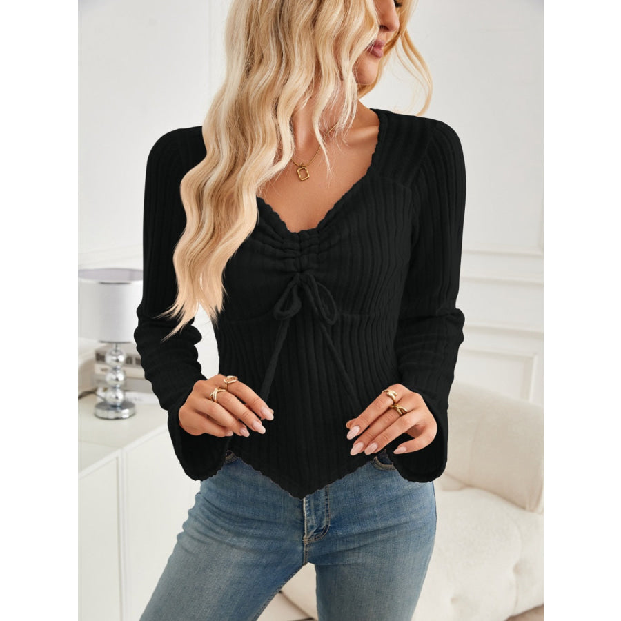 Ribbed Drawstring Long Sleeve T-Shirt Apparel and Accessories