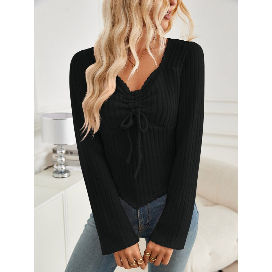 Ribbed Drawstring Long Sleeve T-Shirt Apparel and Accessories