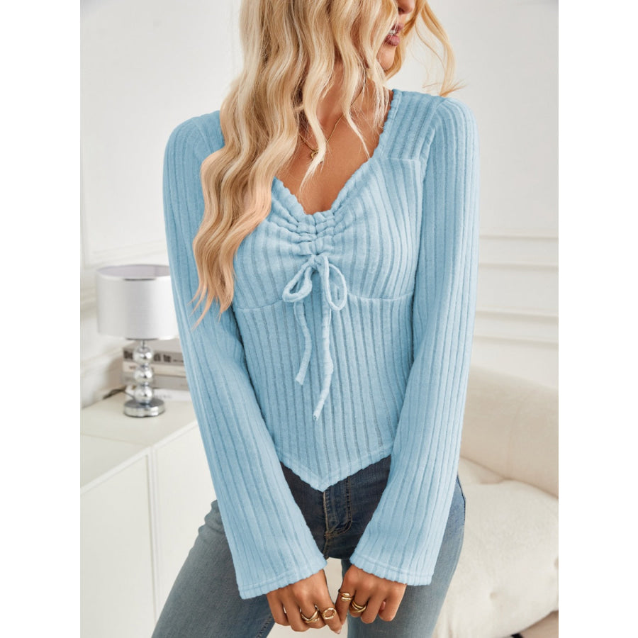 Ribbed Drawstring Long Sleeve T-Shirt Light Blue / S Apparel and Accessories