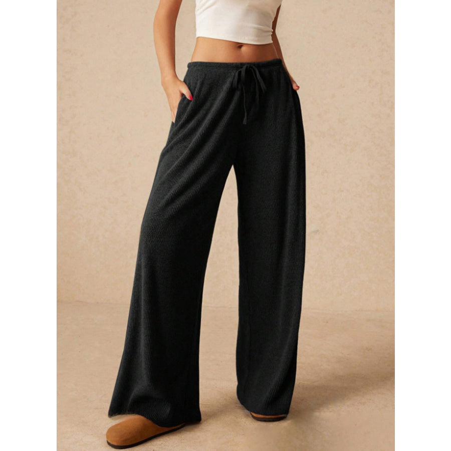 Ribbed Drawstring Wide Leg Pants Black / S Apparel and Accessories