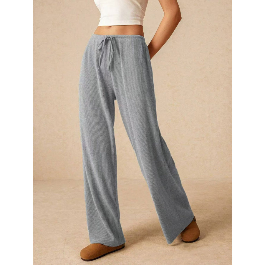 Ribbed Drawstring Wide Leg Pants Gray / S Apparel and Accessories