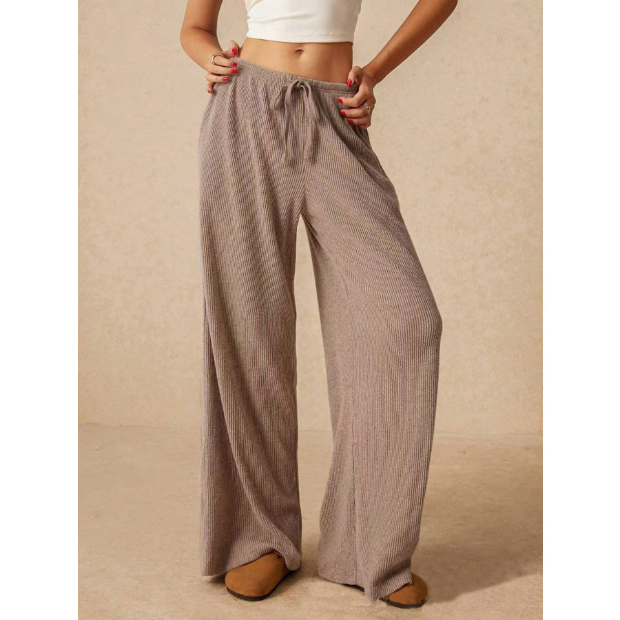 Ribbed Drawstring Wide Leg Pants Mocha / S Apparel and Accessories