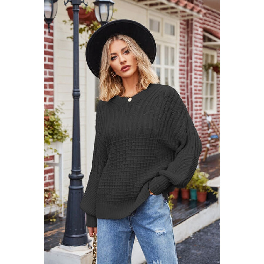 Ribbed Drop Shoulder Lantern Sleeve Sweater Black / S Clothing