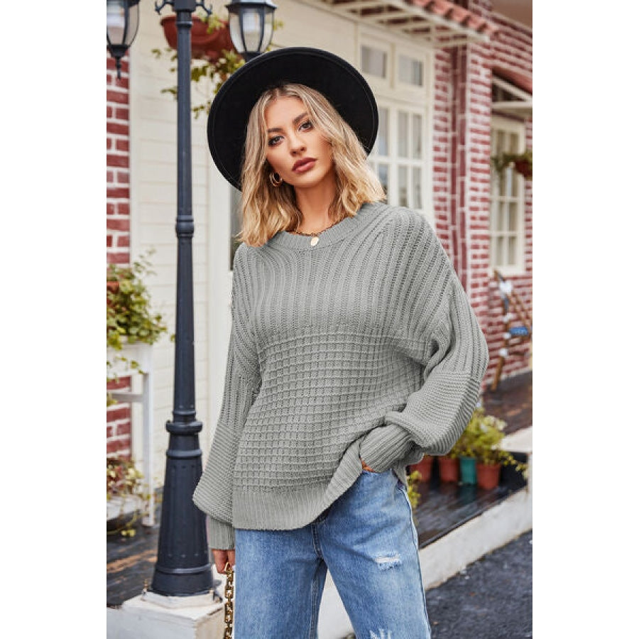 Ribbed Drop Shoulder Lantern Sleeve Sweater Clothing