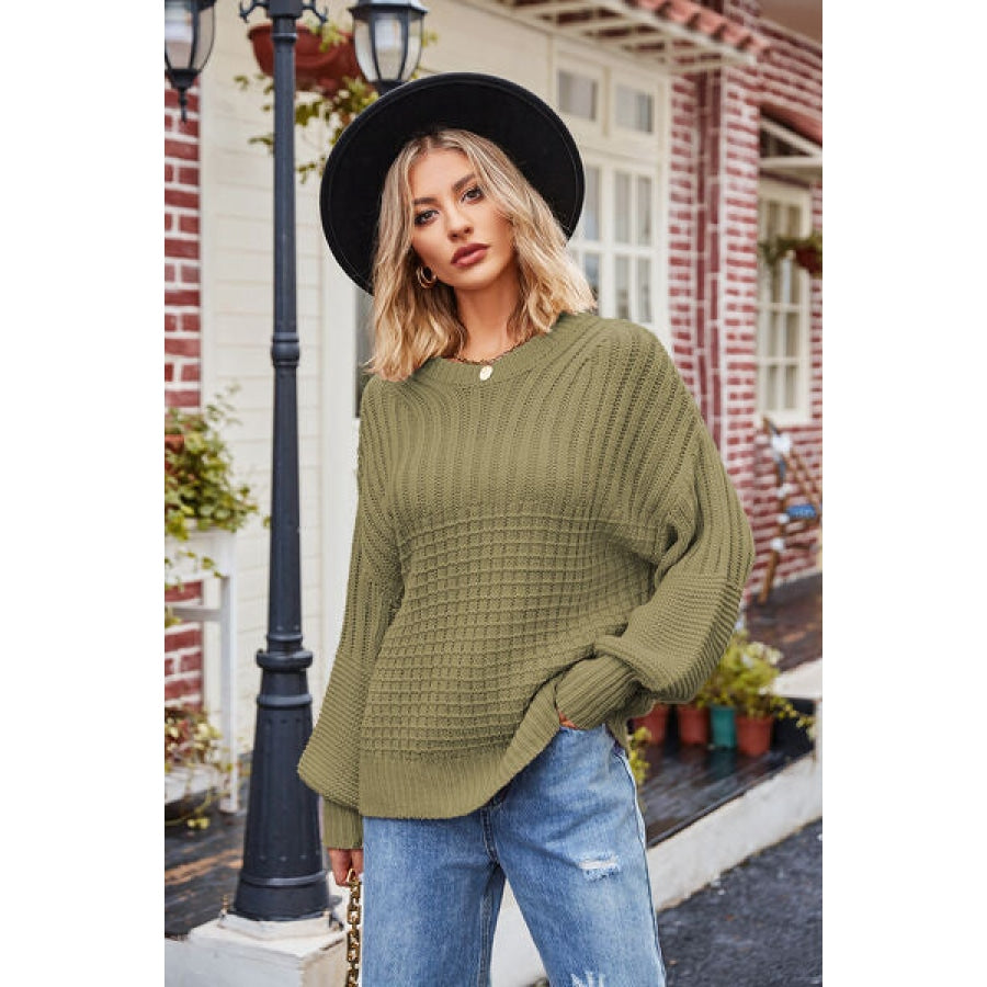 Ribbed Drop Shoulder Lantern Sleeve Sweater Clothing