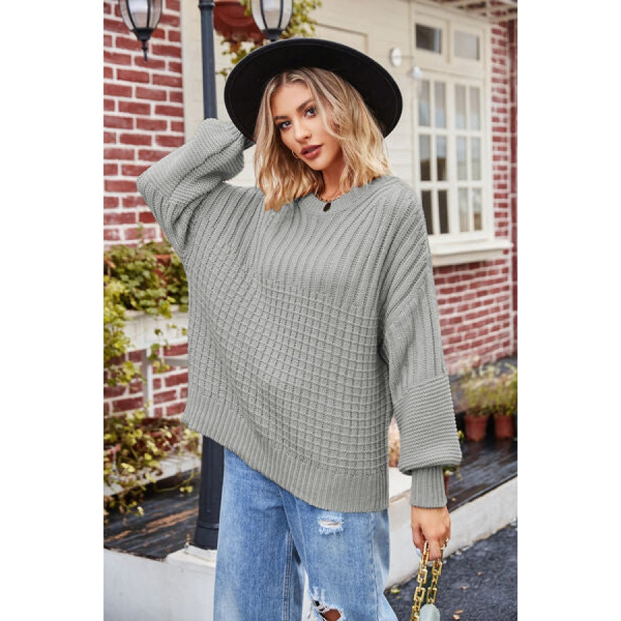 Ribbed Drop Shoulder Lantern Sleeve Sweater Clothing