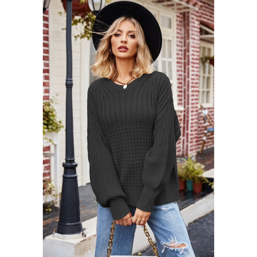 Ribbed Drop Shoulder Lantern Sleeve Sweater Clothing