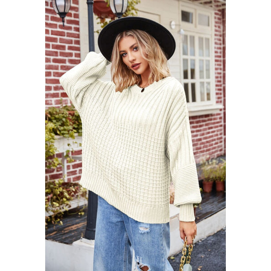 Ribbed Drop Shoulder Lantern Sleeve Sweater Clothing