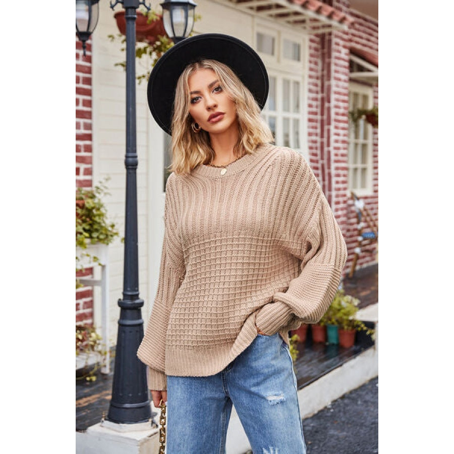 Ribbed Drop Shoulder Lantern Sleeve Sweater Clothing