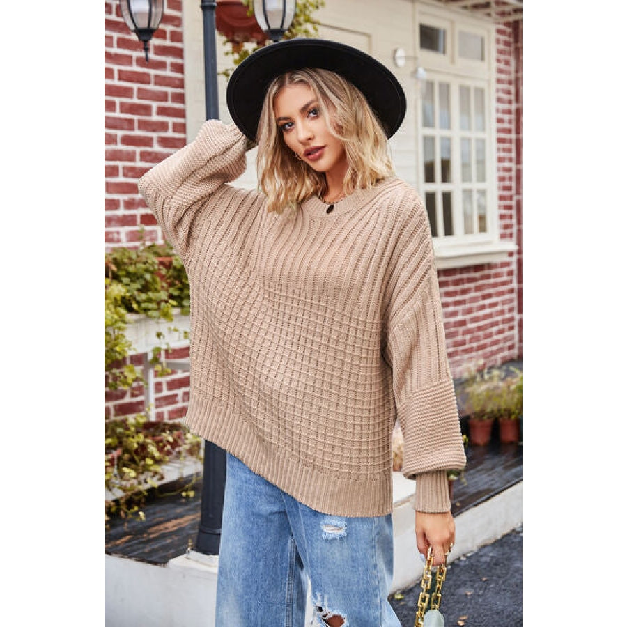 Ribbed Drop Shoulder Lantern Sleeve Sweater Clothing