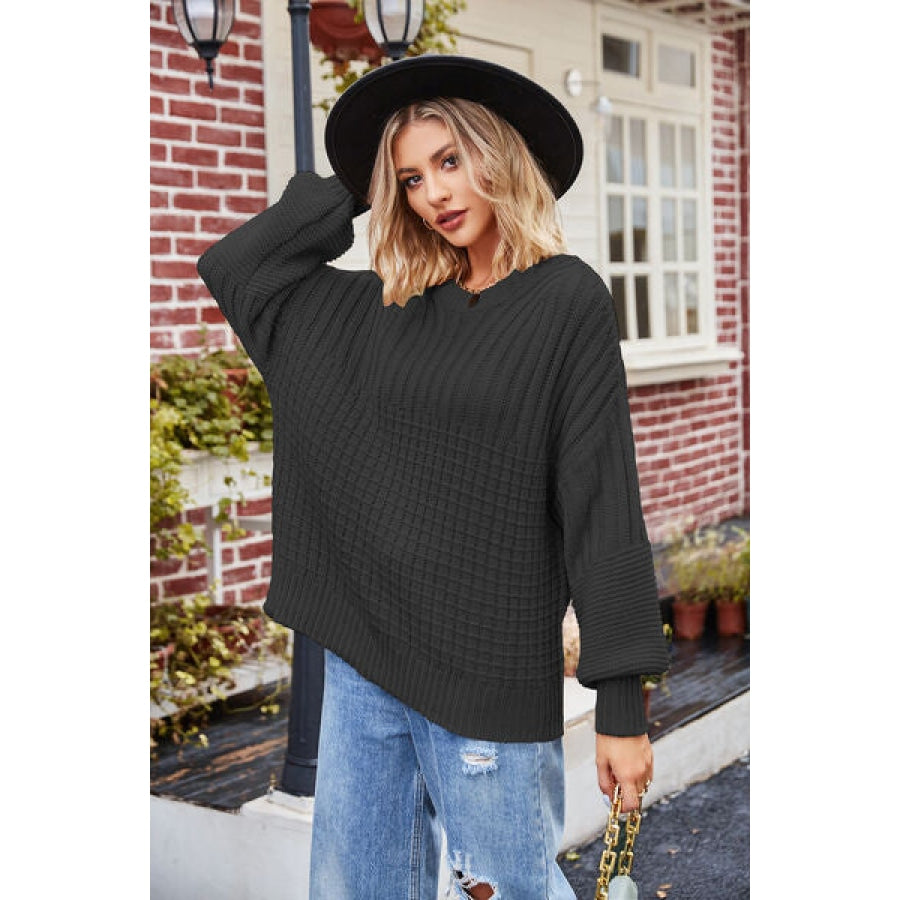 Ribbed Drop Shoulder Lantern Sleeve Sweater Clothing