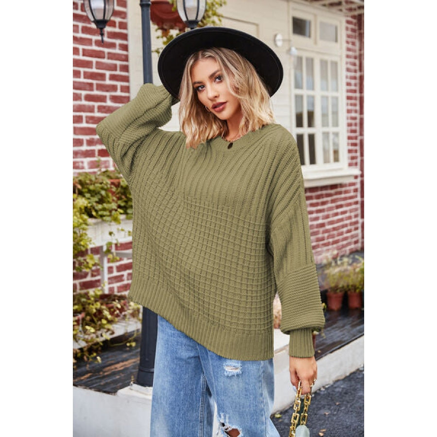 Ribbed Drop Shoulder Lantern Sleeve Sweater Clothing